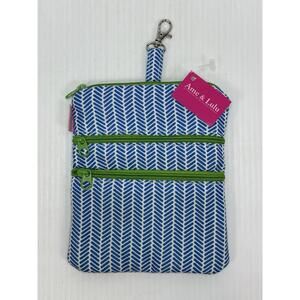 Ame and Lulu Clip On Tee Bag Blue‎ And White With Green Zippers New With Tags